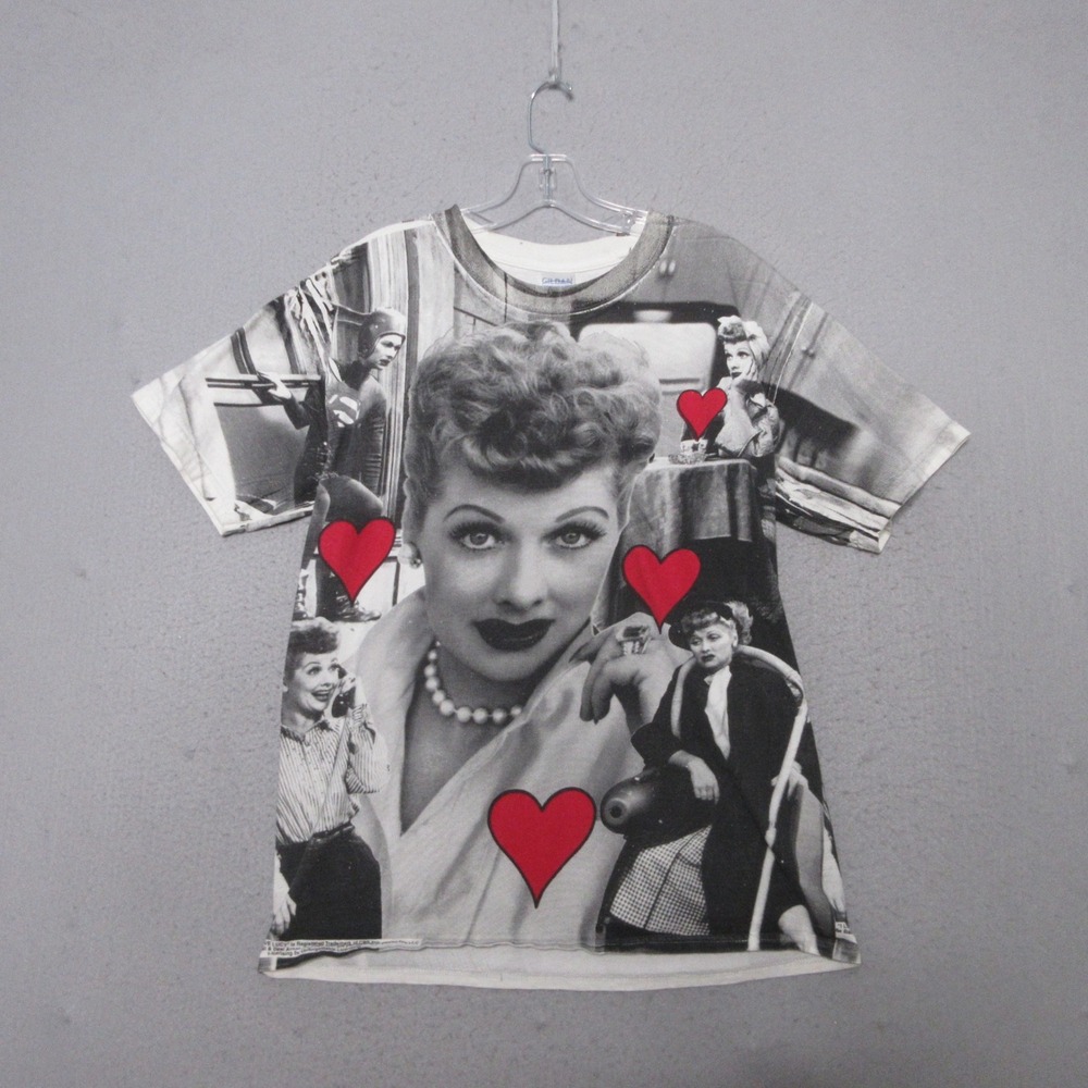 Vintage I Love Lucy All Over Print Graphic Tee Lucille Ball Hearts Double Sided